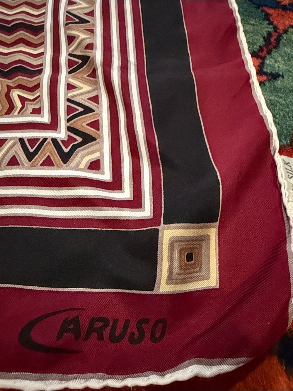 Vintage Caruso Silk Scarf in Burgundy, Black & Gold Trim - Picture 2 of 6